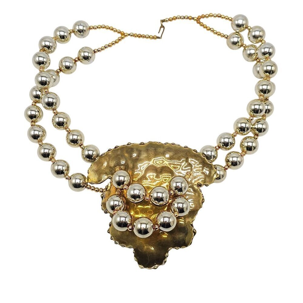 Abstract Leaf 1980s Statement Necklace With Gold Tone Beaded Design